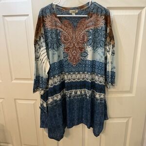 One World Embroidered Sequin Blue Floral Print Top 3X Women's Bohemian‎